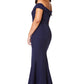 Jarlo navy bardot fishtail maxi dress with thigh split and train