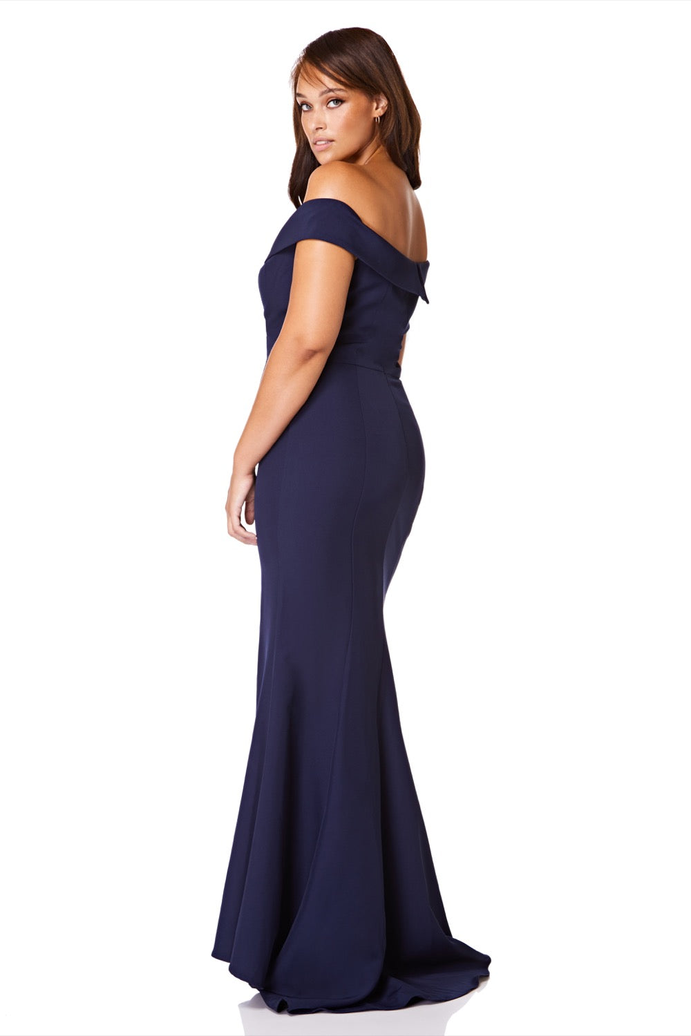 Jarlo navy bardot fishtail maxi dress with thigh split and train