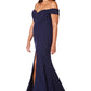 Jarlo navy bardot fishtail maxi dress with thigh split and train