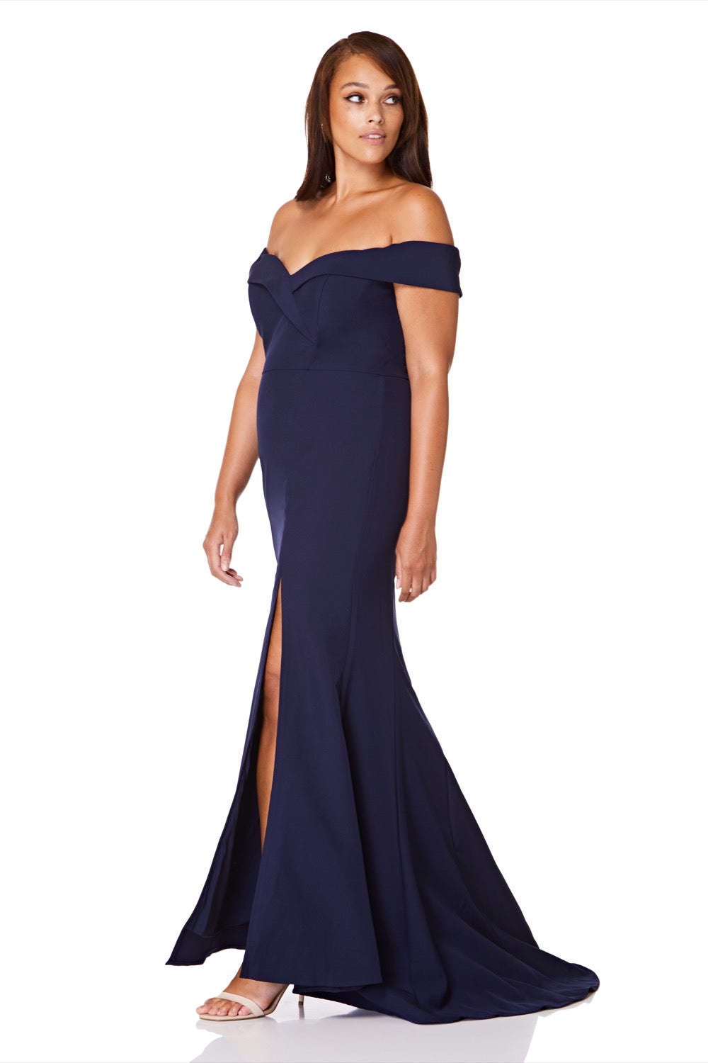 Jarlo navy bardot fishtail maxi dress with thigh split and train