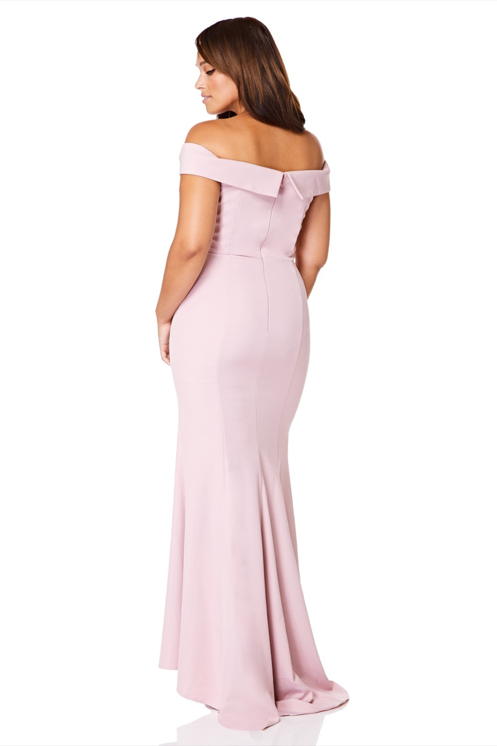 Jarlo pink bardot fishtail maxi dress with thigh split and train