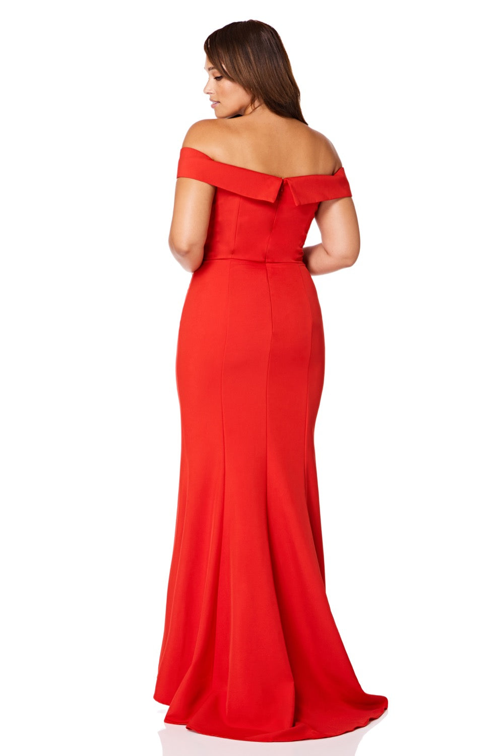 Jarlo red bardot fishtail maxi dress with thigh split and train