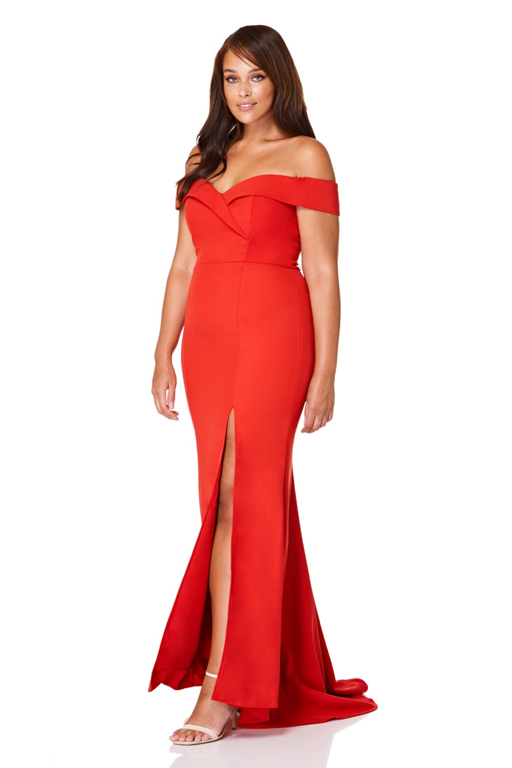 Jarlo red bardot fishtail maxi dress with thigh split and train