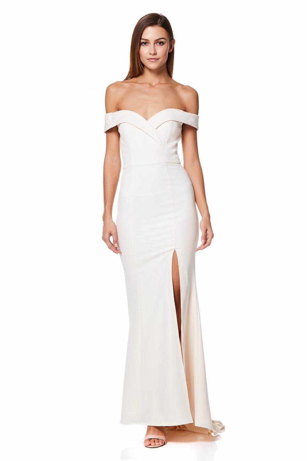 Bella Bardot Maxi Dress With Thigh Split And Train