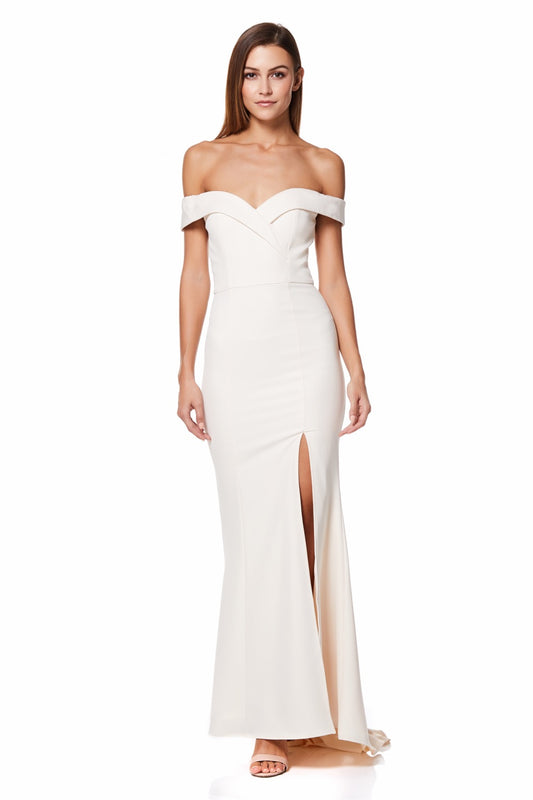 Bella Bardot Maxi Dress With Thigh Split And Train
