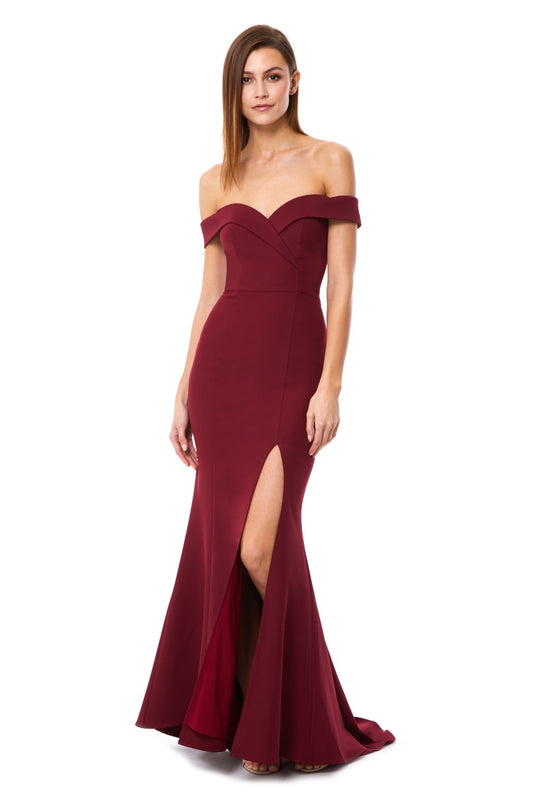  Jarlo burgundy bardot fishtail maxi dress with thigh split and train