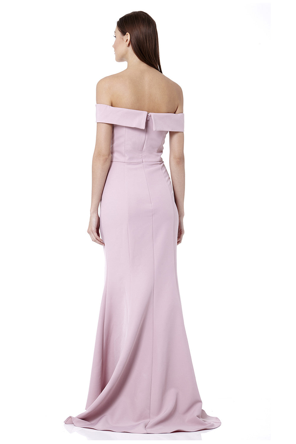 Jarlo pink bardot fishtail maxi dress with thigh split and train