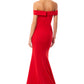 Jarlo red bardot fishtail maxi dress with thigh split and train