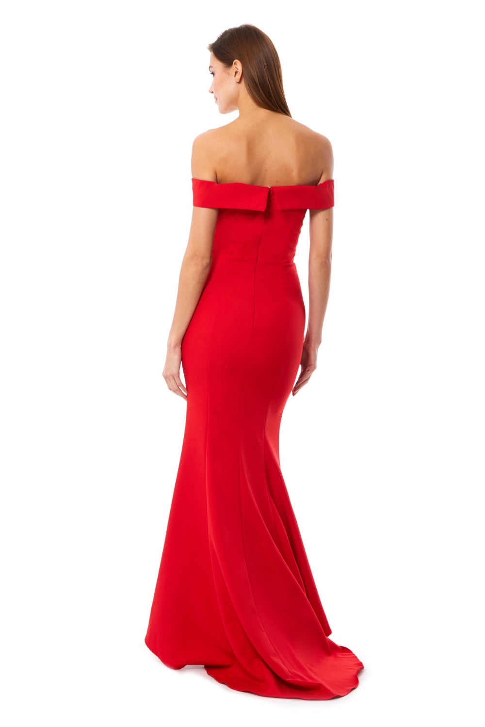 Jarlo red bardot fishtail maxi dress with thigh split and train