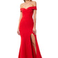 Jarlo red bardot fishtail maxi dress with thigh split and train