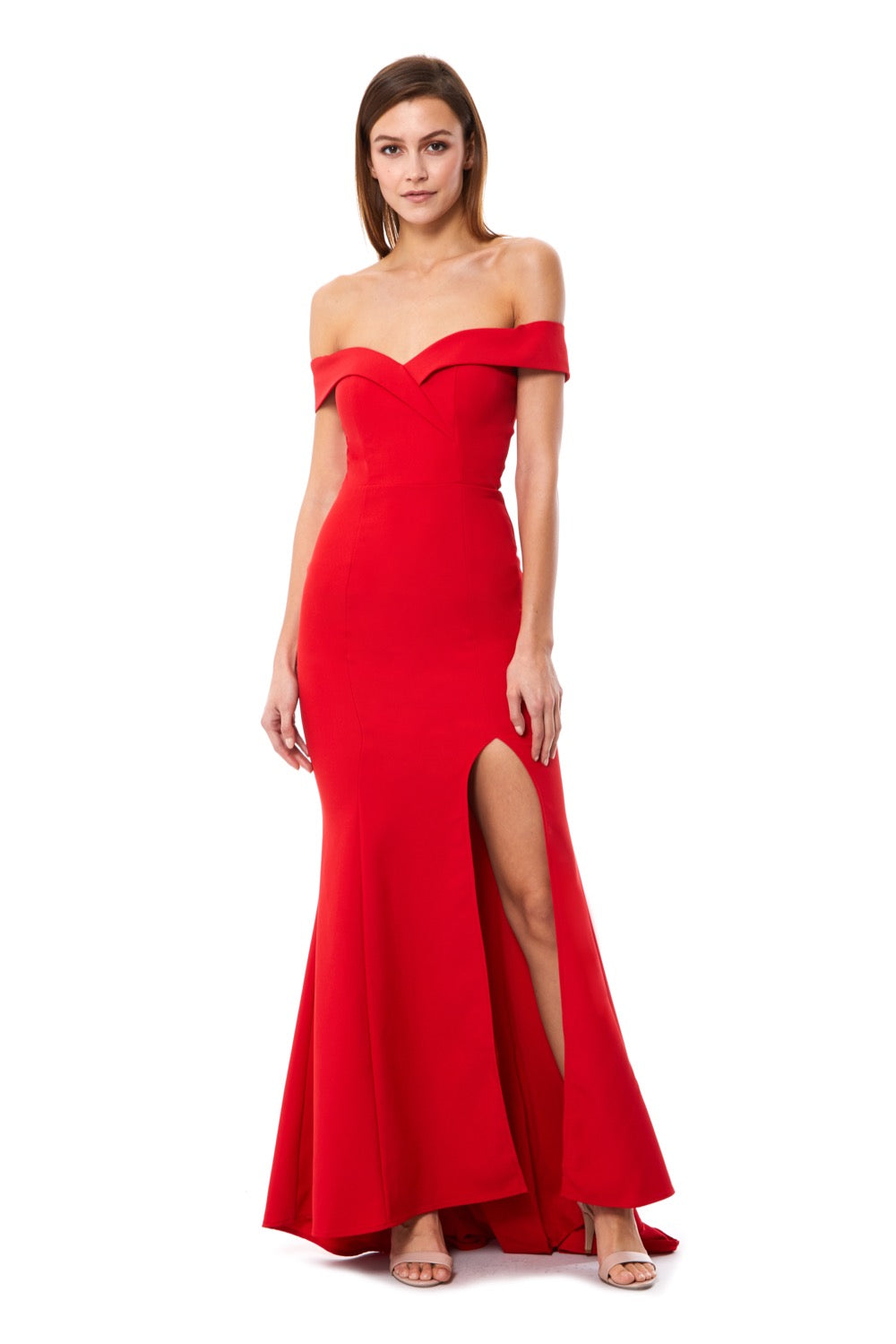 Jarlo red bardot fishtail maxi dress with thigh split and train