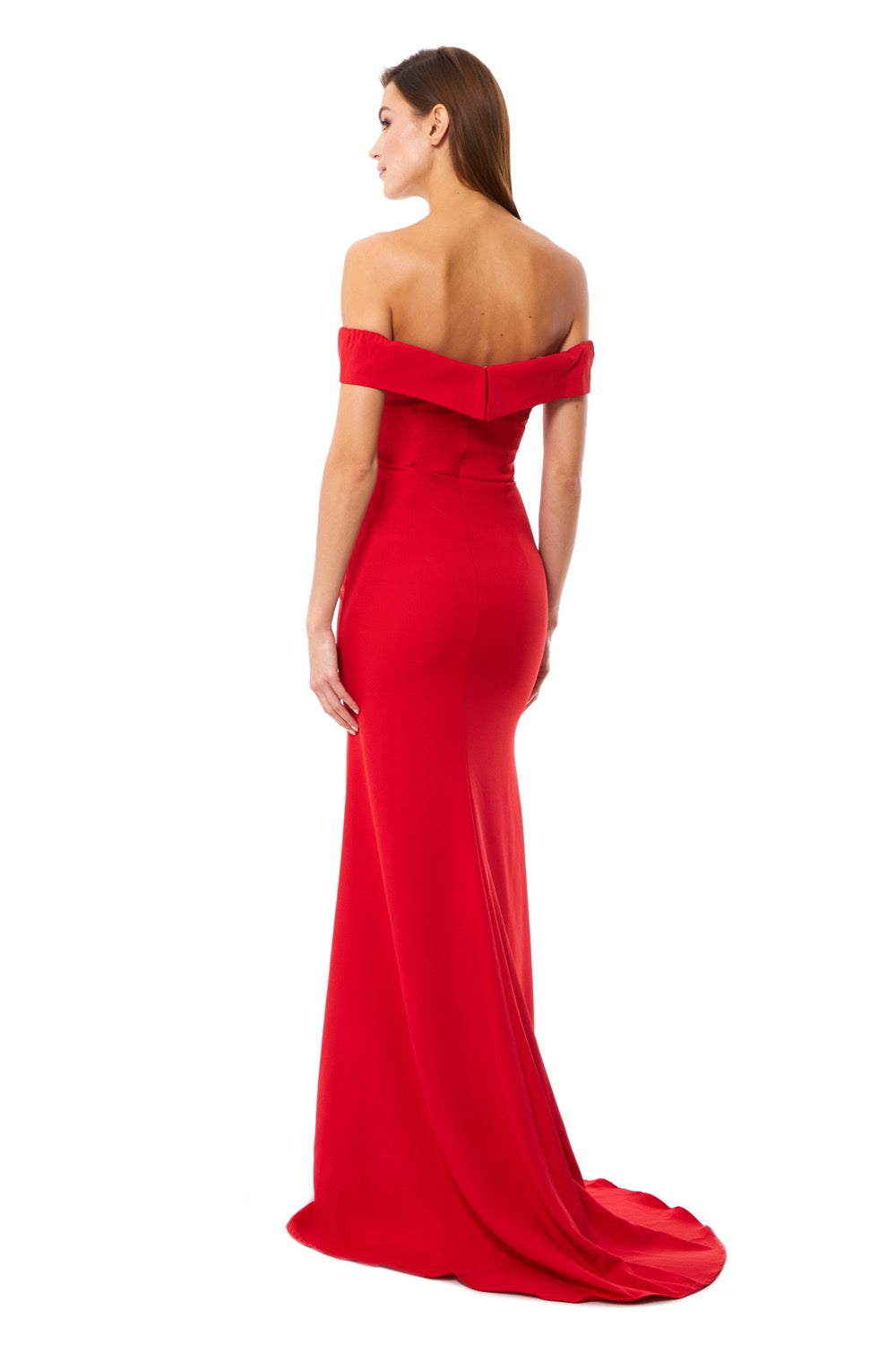 Jarlo red bardot fishtail maxi dress with thigh split and train