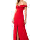 Jarlo red bardot fishtail maxi dress with thigh split and train