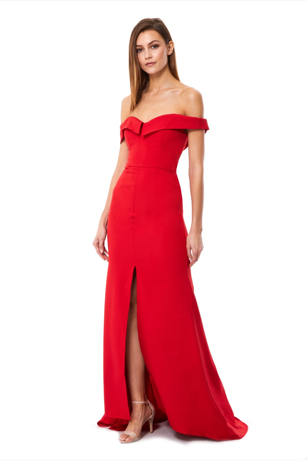 Jarlo red bardot fishtail maxi dress with thigh split and train