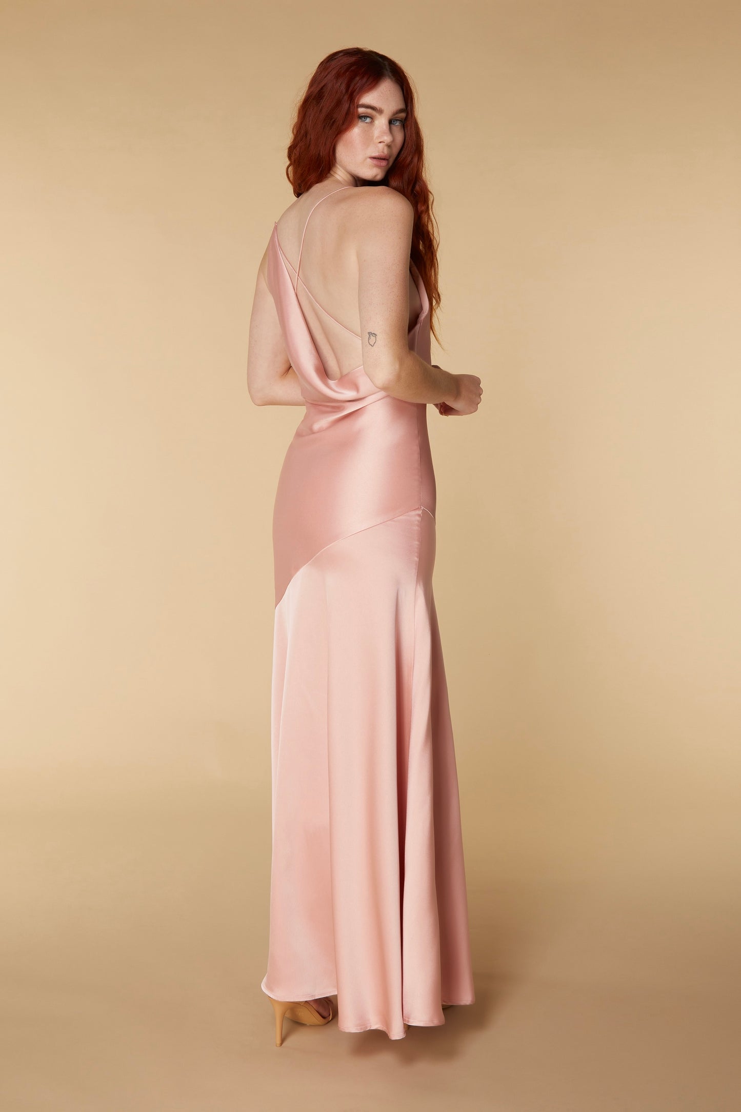 Jarlo Nay cowl back pink satin maxi dress with thigh split