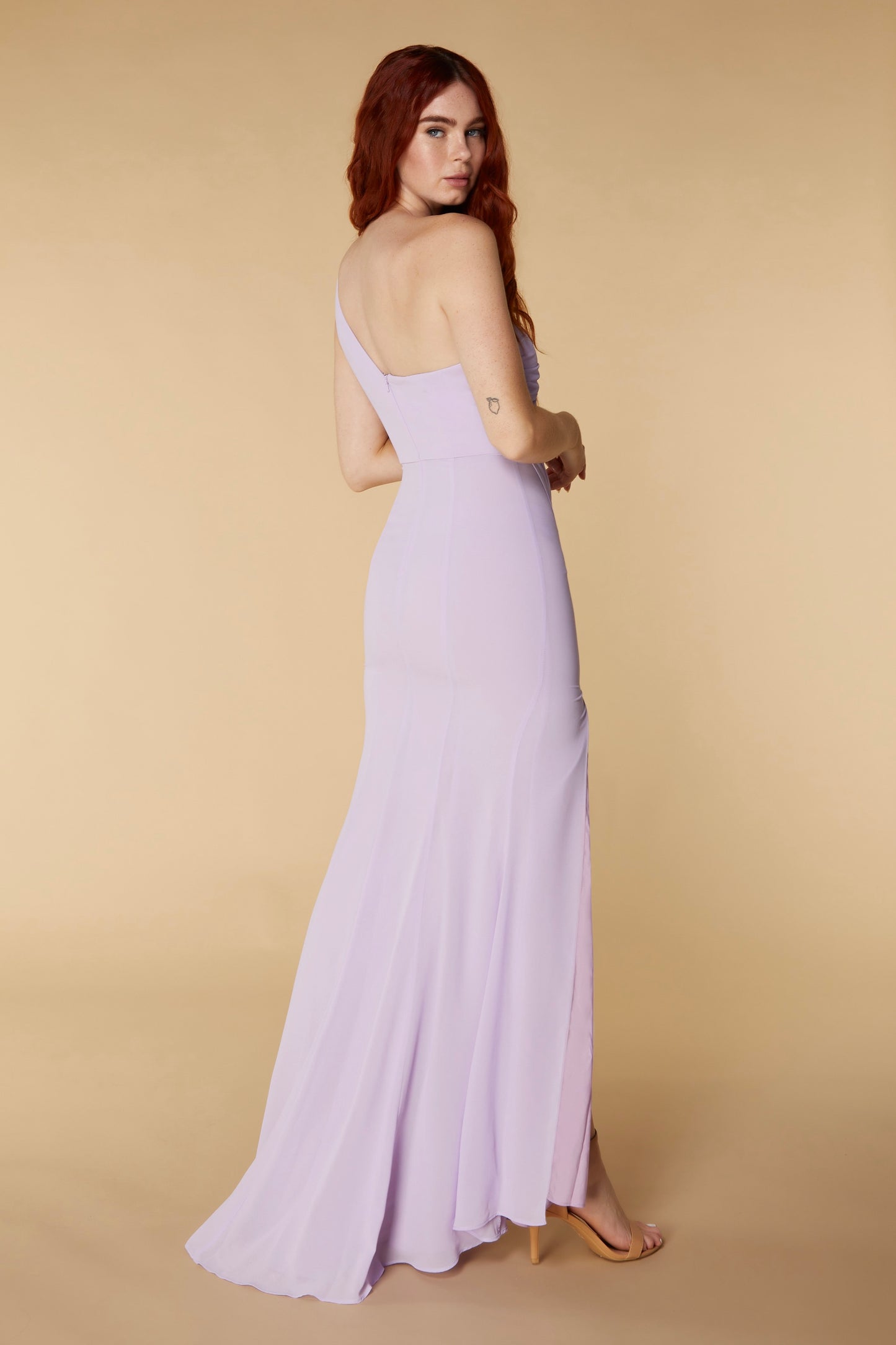 Olani One Shoulder Fishtail Maxi Dress with Ruched Bodice Detail