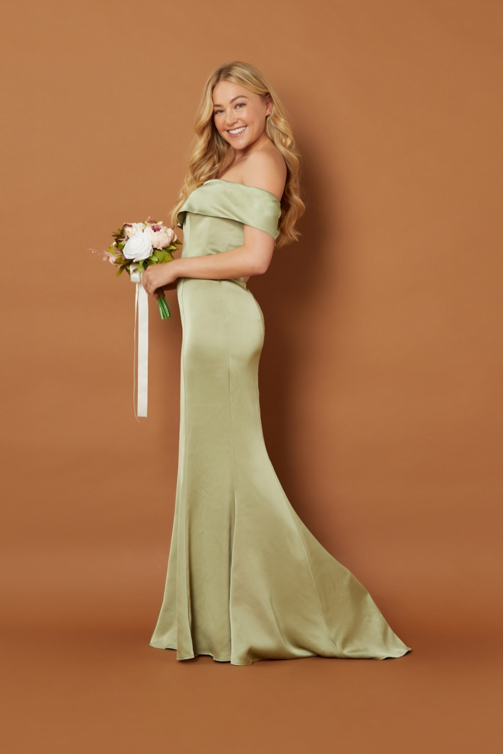 Jarlo Sage off shoulder green satin maxi dress with train