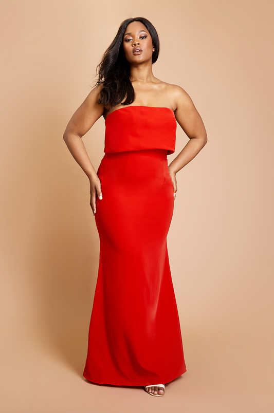 Jarlo red strapless maxi dress with bust overlay