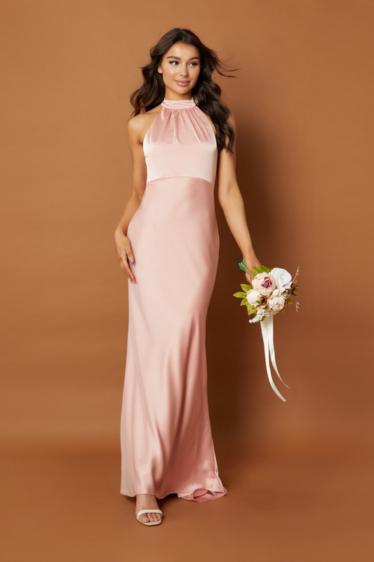 Jarlo Starlette halter neck pink satin maxi dress with button back detail