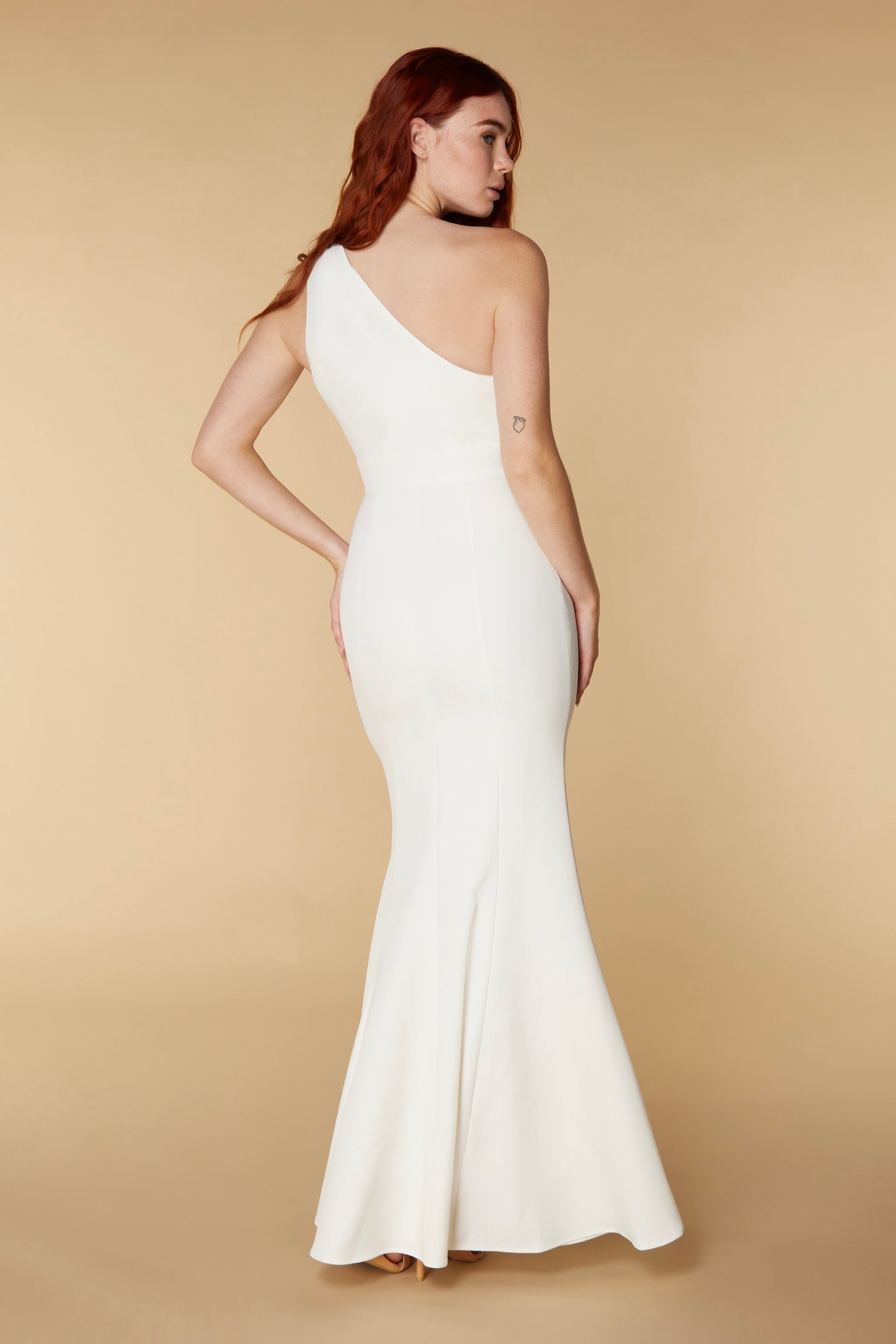 Jarlo Zaria one shoulder fishtail ivory maxi with cut out detail