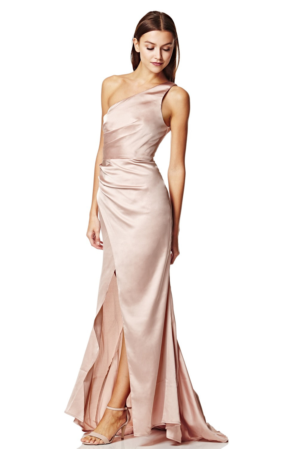 Jarlo Lisa one shoulder nude satin maxi dress with pleat detail