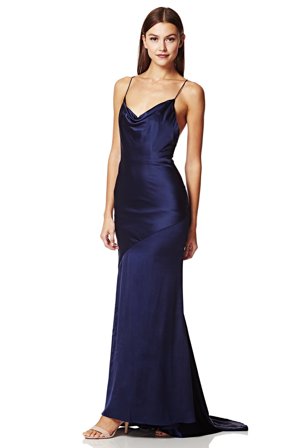 Jarlo Roxanne cowl neck navy satin maxi dress with open back