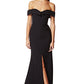 Jarlo black bardot fishtail maxi dress with thigh split and train