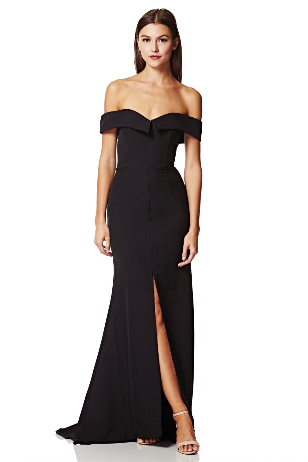 Jarlo black bardot fishtail maxi dress with thigh split and train