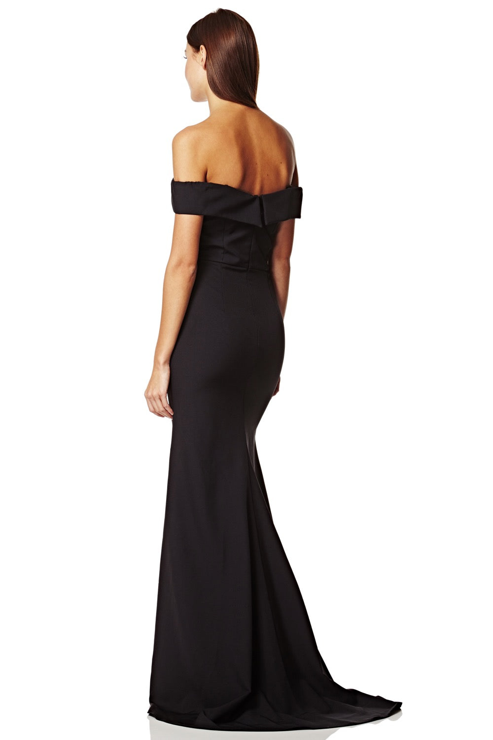 Jarlo black bardot fishtail maxi dress with thigh split and train